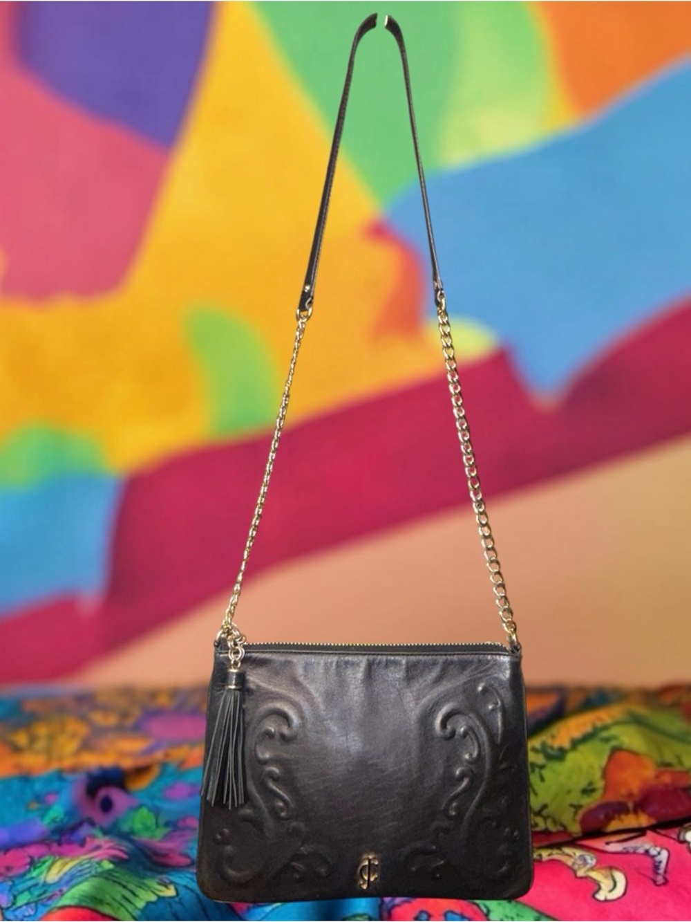 Juicy Couture Black Leather Embossed Crossbody Bag Chain Strap Tassel Y2K - Picture 4 of 7